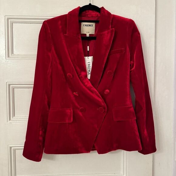 NWT L'AGENCE Kenzie Red Crushed Velvet Double Breasted Blazer Jacket - Picture 7 of 15
